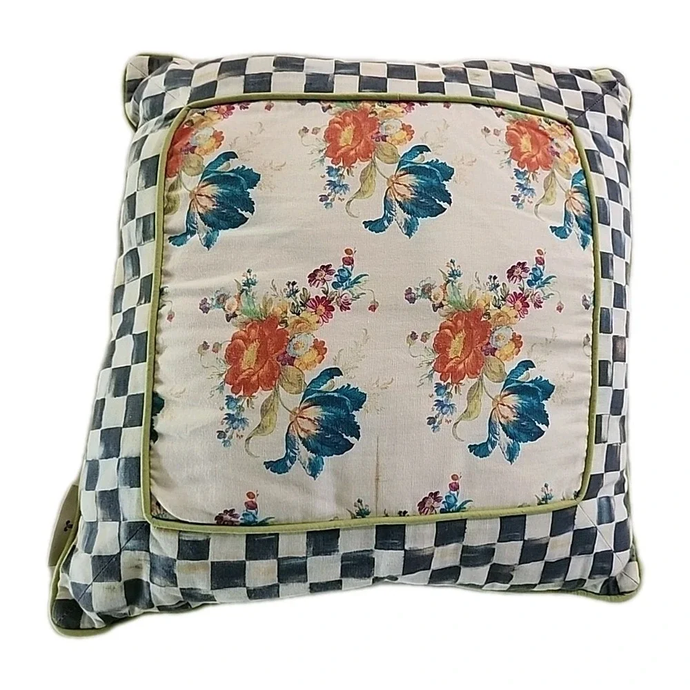 Mackenzie Childs 20in Square Pillow Black Courtly Check Border w/Floral Center